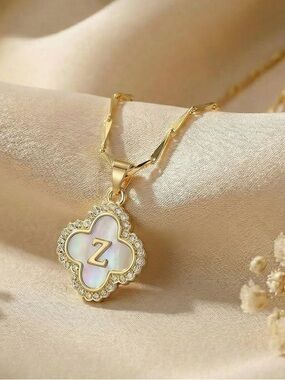 Gold Initial 'Z' Mother of Pearl CZ Clover Pendant Seed Chain Necklace